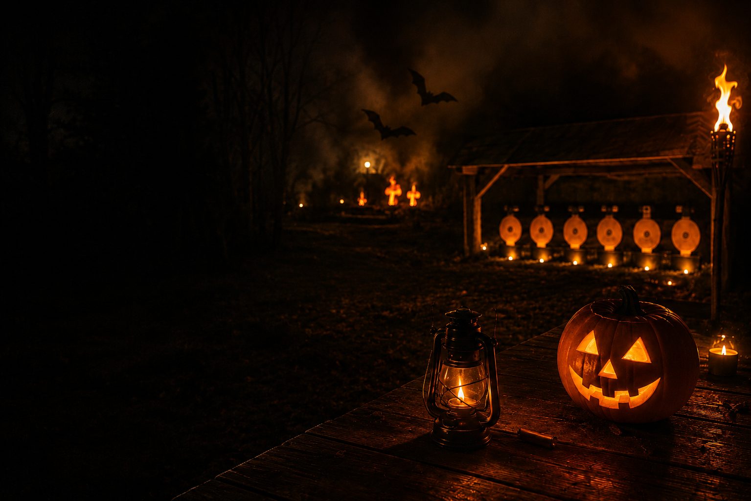 Halloween-Stimmung mit beleuchteter Fallplattenanlage im Schützenhaus Zwiefalten