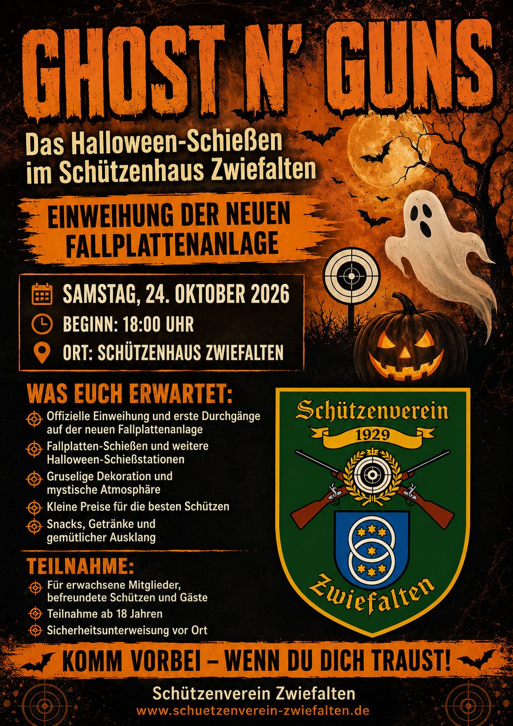 Flyer Ghost ’n Guns – Halloween-Schießen im Schützenhaus Zwiefalten